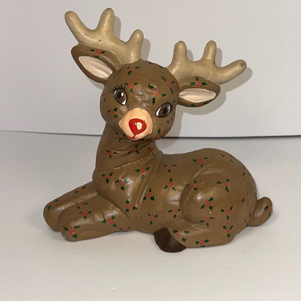 Charming Ceramic Reindeer Figurine with Holly Accents - small chip on nose